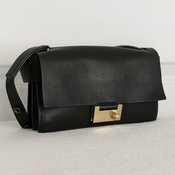 All Saints Handbags - ALLSAINTS Teca Smooth Leather Shoulder Crossbody Turnlock Flap Black Gold NWOT